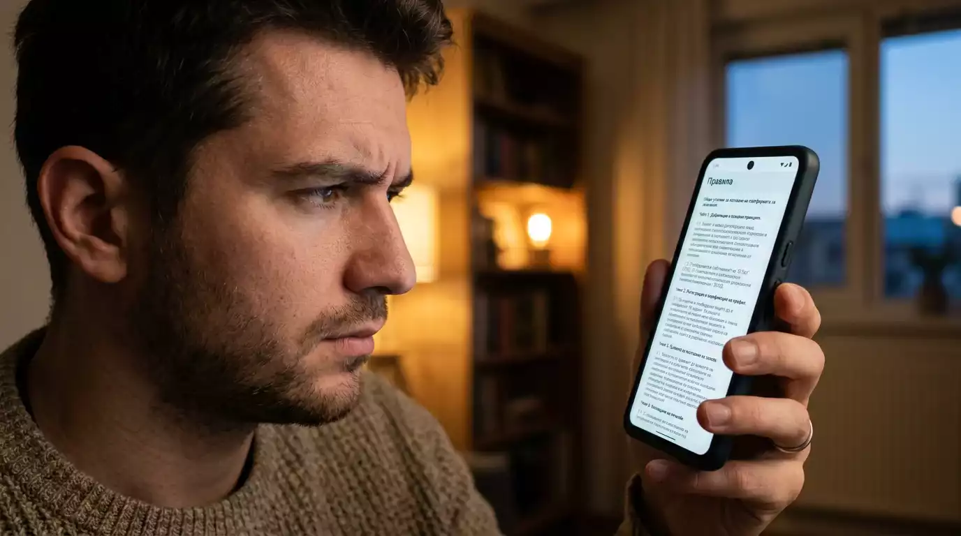 Залагащ чете правилата на букмейкър на смартфон