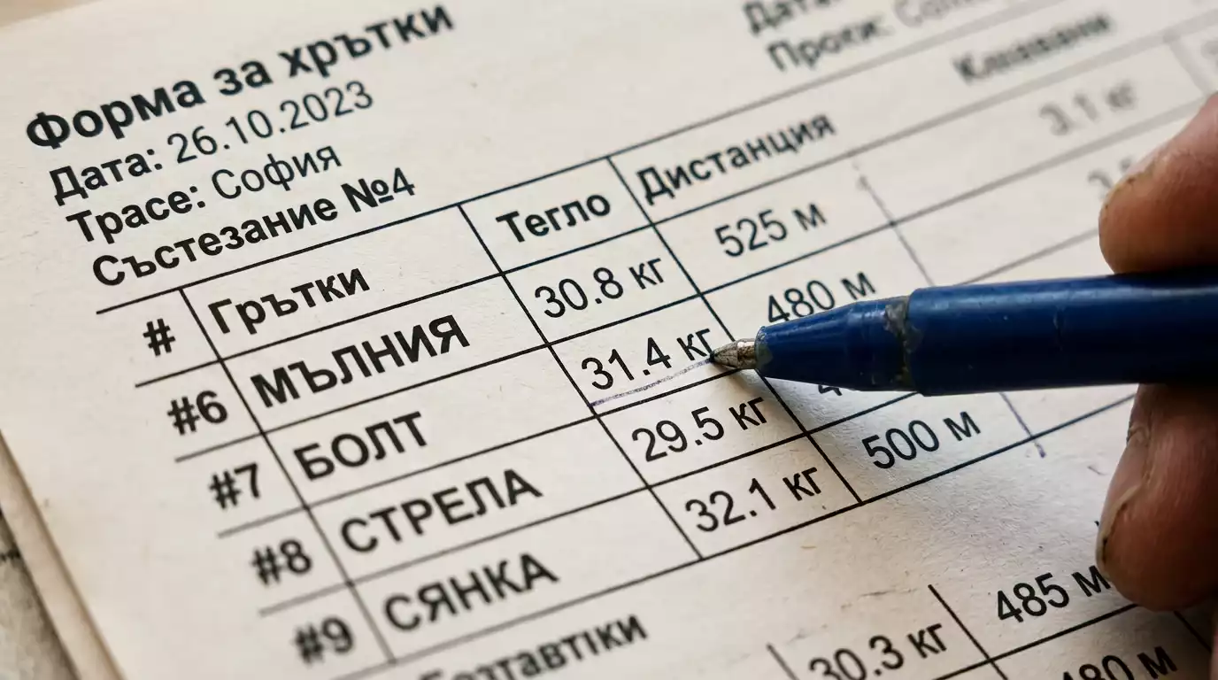 Детайл от формуляр на хрътка с тегло и дистанция